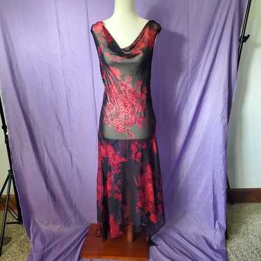 VTG 90s Red and Black Floral Goth Dark Fairy Mesh 