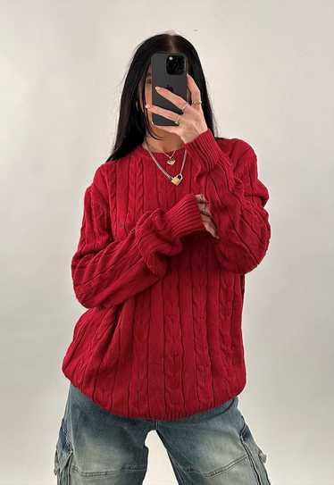 Vintage Nautica Red Cable Knit Crew Neck Jumper