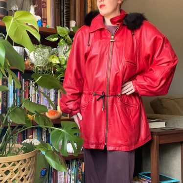 vintage hooded parka coat red leather Damselle