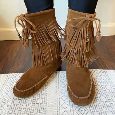 Minnetonka brown long fringe leather boots