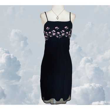 Whimsygoth black pink rose flower mini slip dress