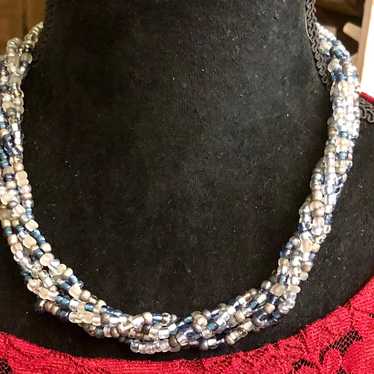 Multistrand Shades of Blue Glass Beaded Necklace