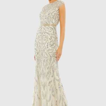 Mac Duggal Nude Silver Illusion Sheer Cap Sleeve B