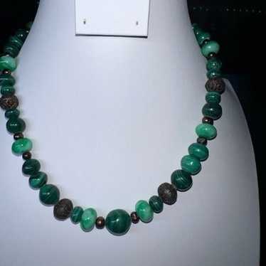 Vintage Natural Malachite and Silver Tone Bead Nec