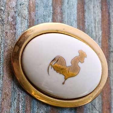 White Oval Gold Gilt Rooster Old Vtg Gold Gilt Est