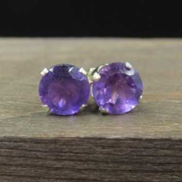 Sterling Silver Round Simple Purple Amethyst Stud 