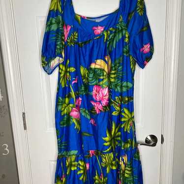 HILO HATTIE Vintage 80s Blue Hawaiian Print Midi D