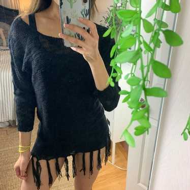 Black Loose Knit Fringed Sweater Tunic