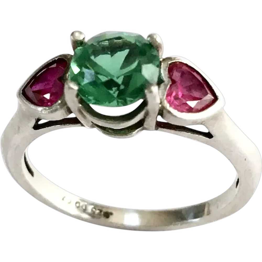 Green & Fuchsia Pink Hearts Ring 925 CZ Size 6 1/4 - image 1