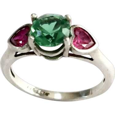 Green & Fuchsia Pink Hearts Ring 925 CZ Size 6 1/4 - image 1