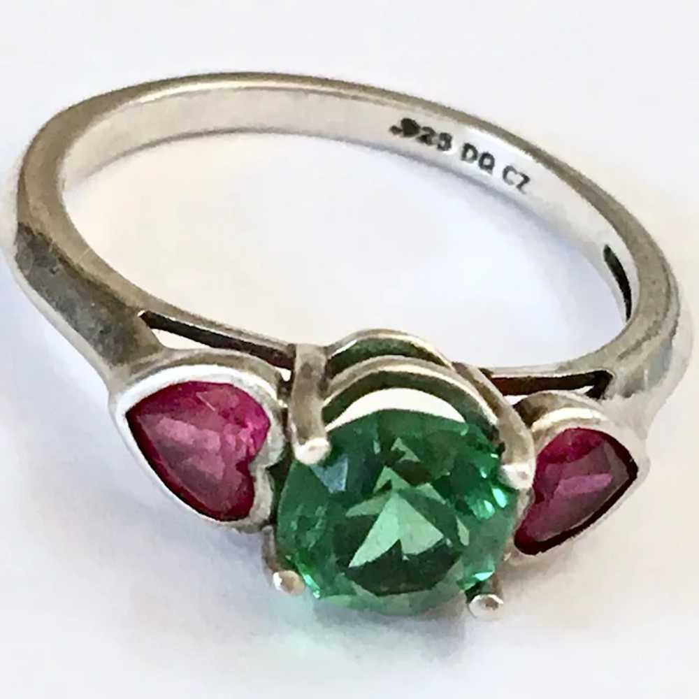 Green & Fuchsia Pink Hearts Ring 925 CZ Size 6 1/4 - image 2