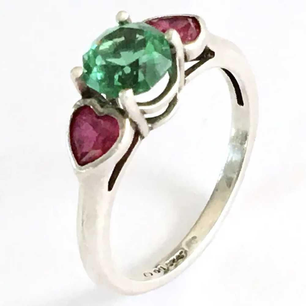 Green & Fuchsia Pink Hearts Ring 925 CZ Size 6 1/4 - image 5