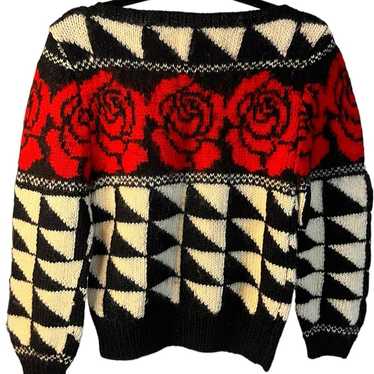 VTG Halston 80’s Geometric Roses Wool Sweater Larg