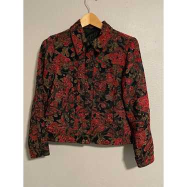 Vintage Women Jacket Medium Red Floral Jacquard Ta