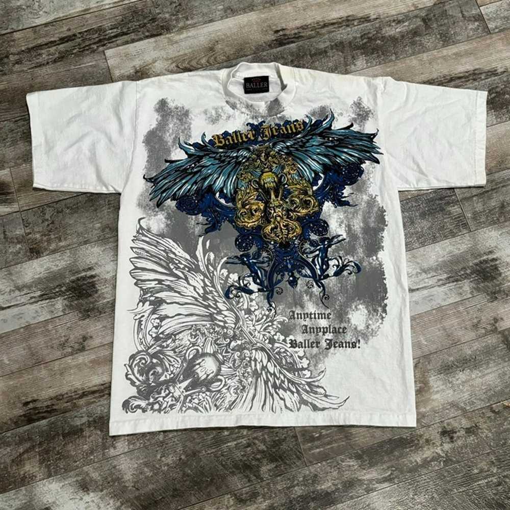 Vintage Y2K Baller Jeans Affliction Styled Graphic Tee Shirt Size Large