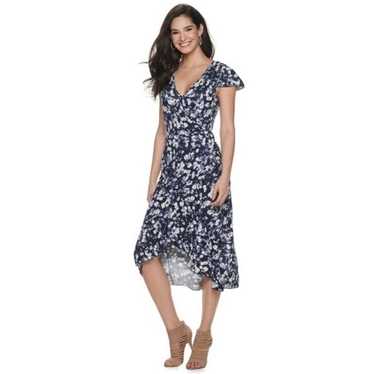 Juicy Couture Blue Floral Faux Wrap Dress Midi Flu