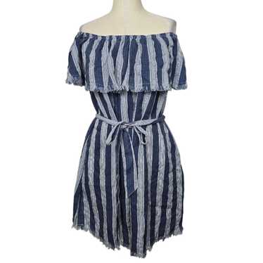 Umgee Blue White Striped Off Shoulder Belted Mini 