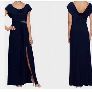 ALEX EVENINGS Beaded Waist Navy Blue Gown Size:10