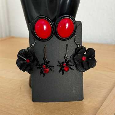 Black Widow Spider Flower Dangle Stud Earrings Set