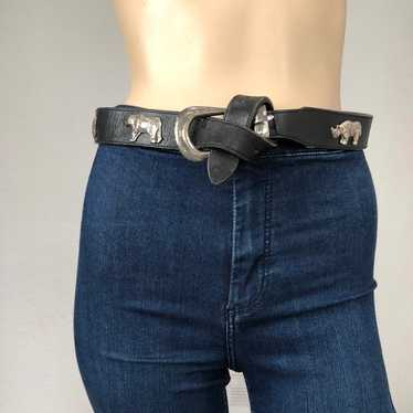 Black leather belt with metal animals