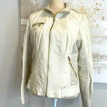 Guess white leather jacket with cream tweed detail