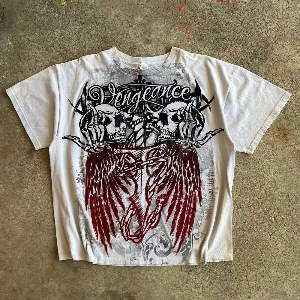 y2k felt mallgoth Vengeance Skulls Wings Chains Graphic Tee Affliction Type