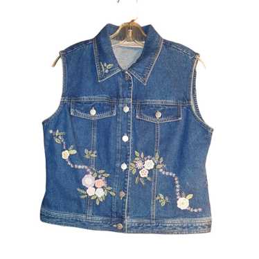 Susan Bristol Vintage Floral Denim Vest Medium