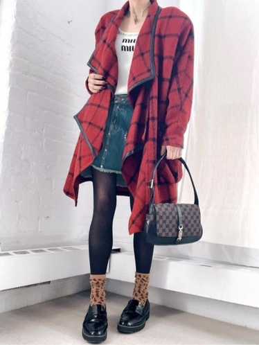 French wool & leather draped checked out coat