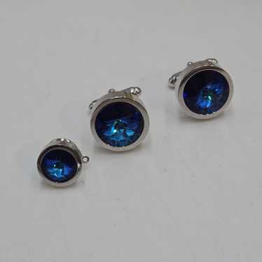 Vintage Anson Cufflinks & Tie Tack Silver Tone Blu