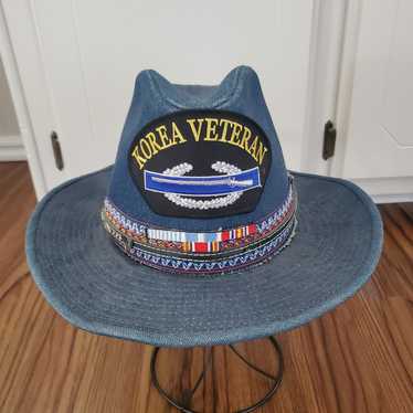 Vintage Cowboy Hat With Veterans Patch Denim Style