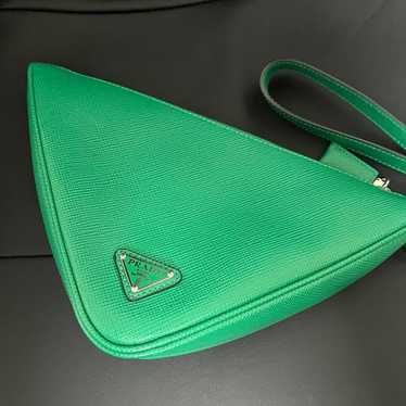 PRADA Clutch Bag Green Triangle Logo Plate