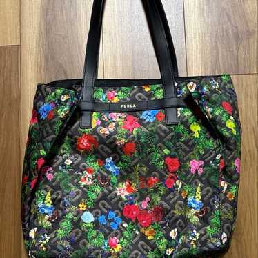 FURLA Nylon Tote Bag Floral Design Excellent Condi