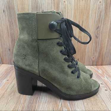 FRYE Danica Lug Combat Lace Up Peep Toe Suede Leat