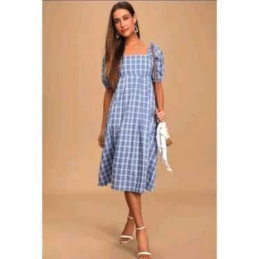 Lulus Seaside Breeze Blue Plaid Puff Sleeve Midi D