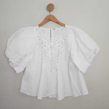 Free People Bardot White Embroidered Blouse Puff S