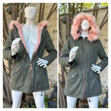 Guess parka with pink faux fur hood