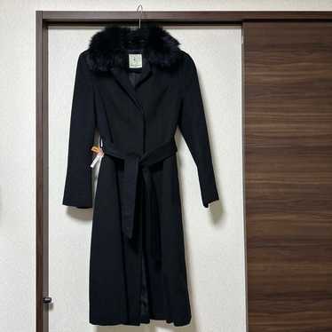 ●Suite● Long Coat with Fox Fur, 100% Cashmere, Bla