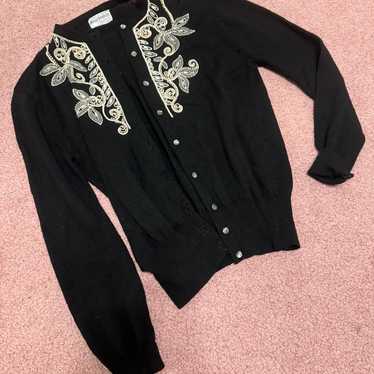 Small vintage black beaded retro pin up cardigan s