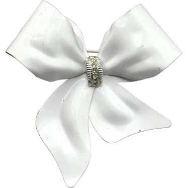 Vintage White Enamel Rhinestone Bow Ribbon Brooch 