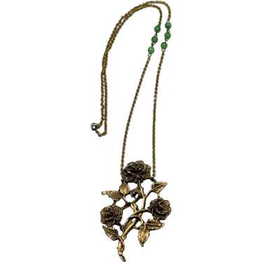 Vintage Floral Gold Pendant Beaded Green Glass Nec