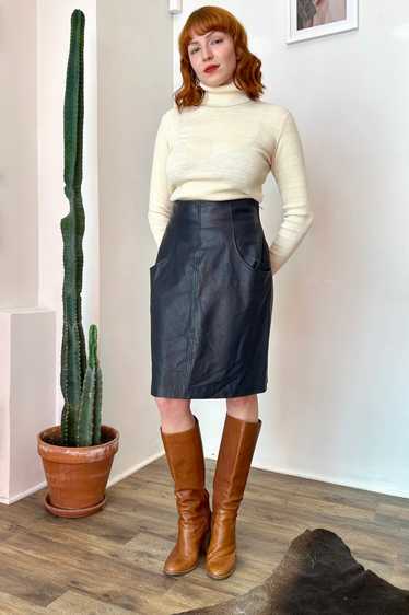 '80s YSL Navy Leather Skirt-Medium