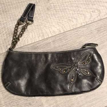 Fossil black leather butterfly wristlet clutch