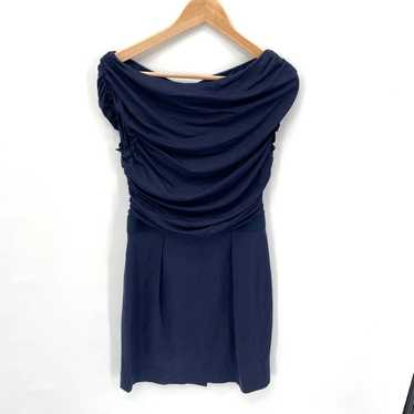 SHOSHANNA Navy Boatneck Draped Ruched Formal Dress