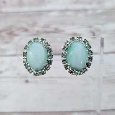 Vintage Clip On Earrings Green Tone 1" Statement O