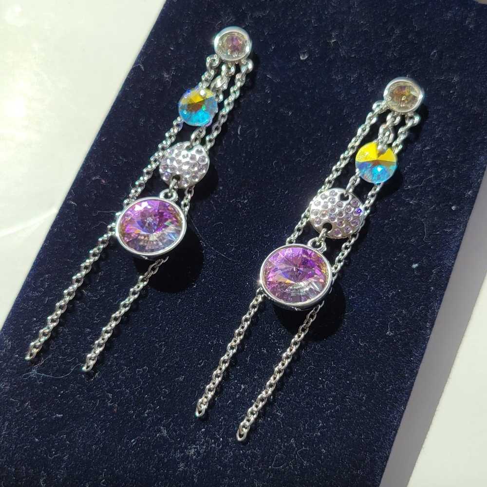NEW Swarovski Long Crystals Dangle Earrings Purple Rhinestone Clear Silver