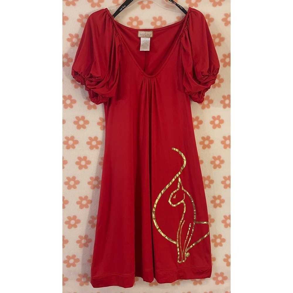 Elegant Red Dress with Gold Cat Design Puff Sleev… - image 1