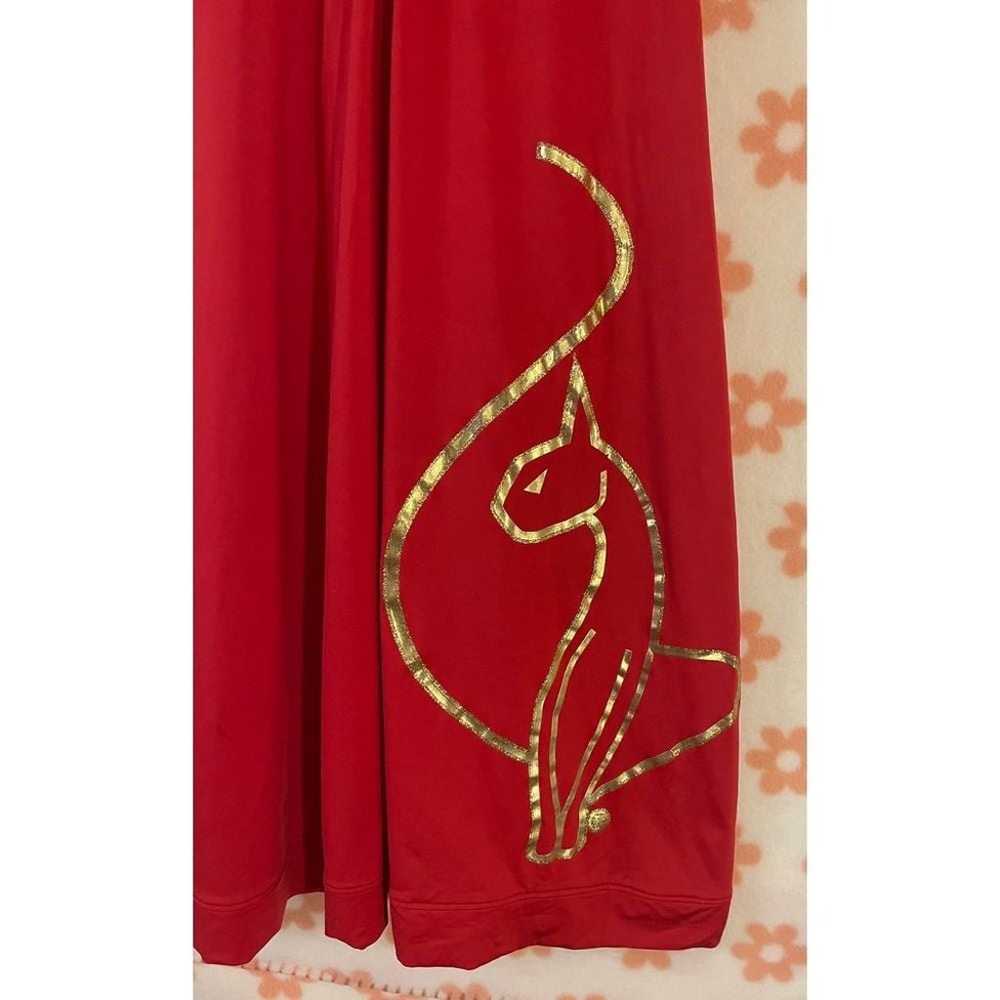 Elegant Red Dress with Gold Cat Design Puff Sleev… - image 2