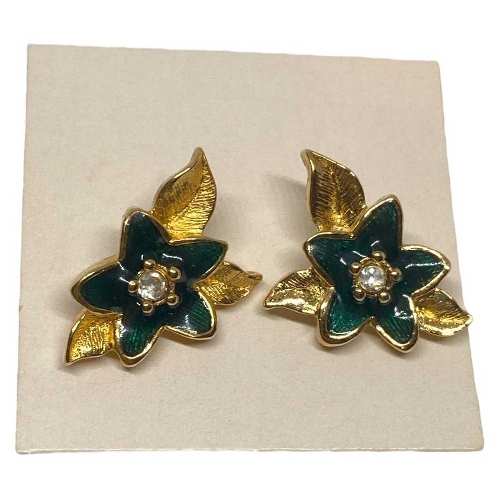 Vintage green petal Flower Gold Tone Leaves Stud … - image 1