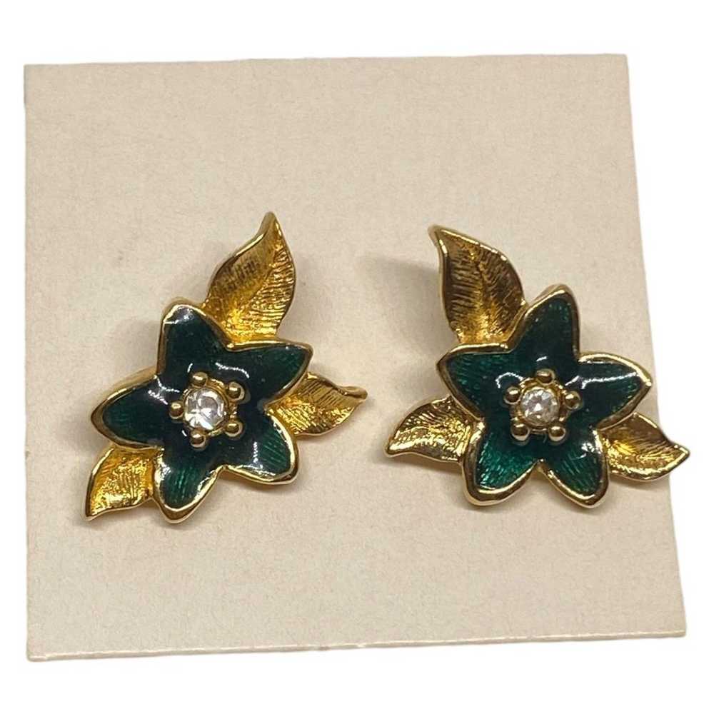 Vintage green petal Flower Gold Tone Leaves Stud … - image 2