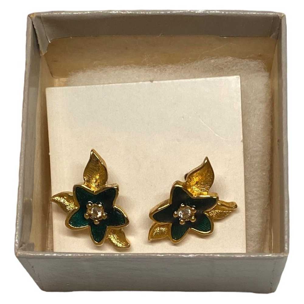 Vintage green petal Flower Gold Tone Leaves Stud … - image 6